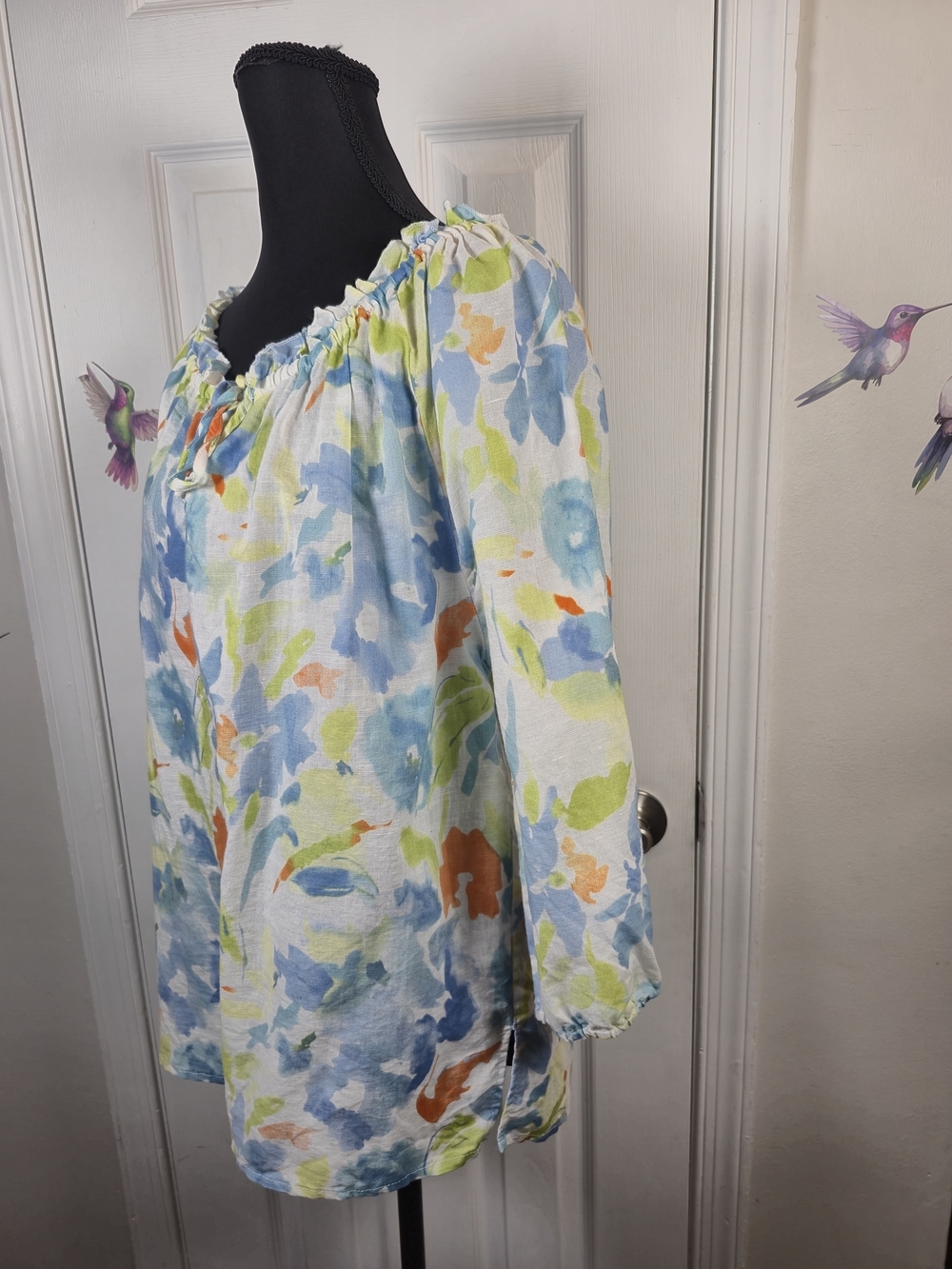 Hester & Orchard Floral Linen Blend Peasant Blouse XL Blue Orange Off Shoulder - Picture 5 of 7